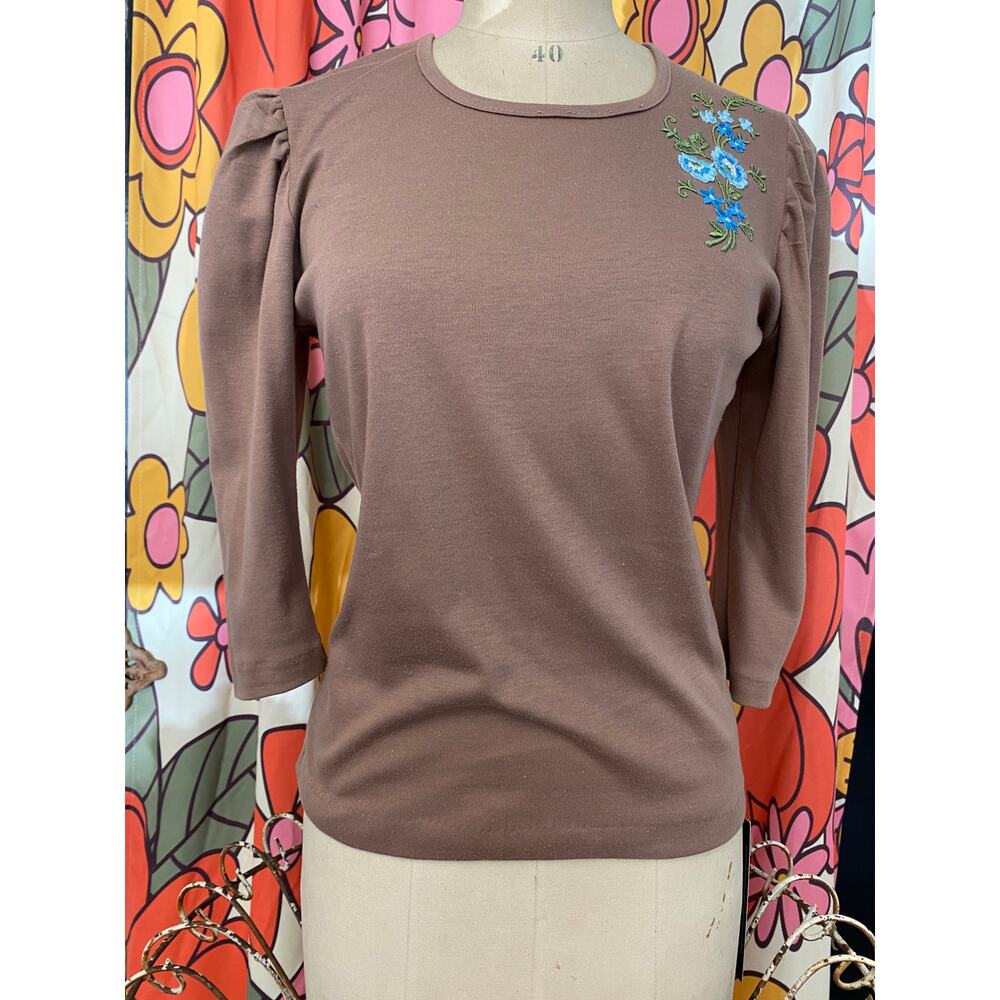 vintage 1970s puff sleeve applique top brown 70s t-shirt small gathered shoulder - Picture 1 of 8